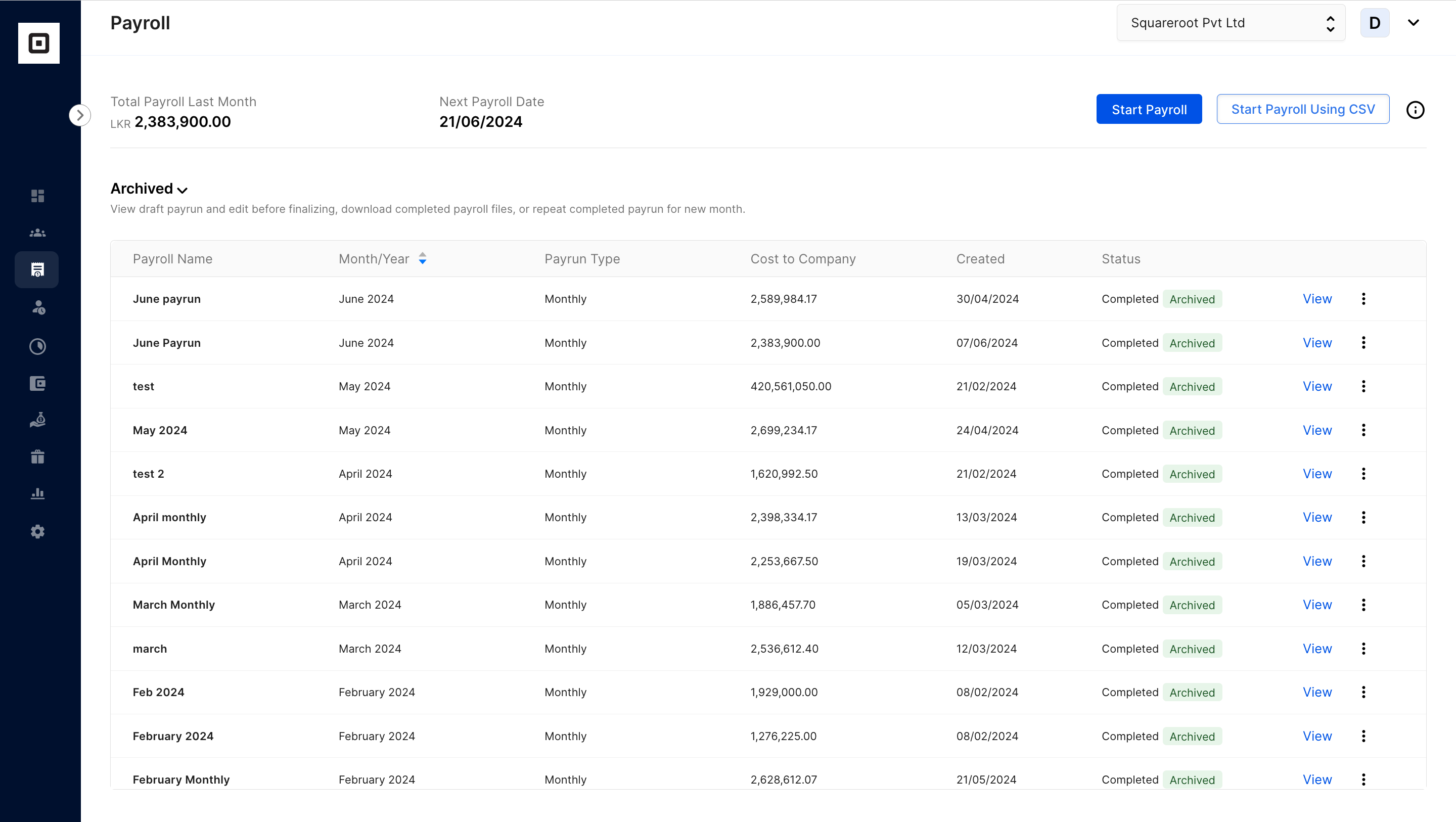 Archived payruns table