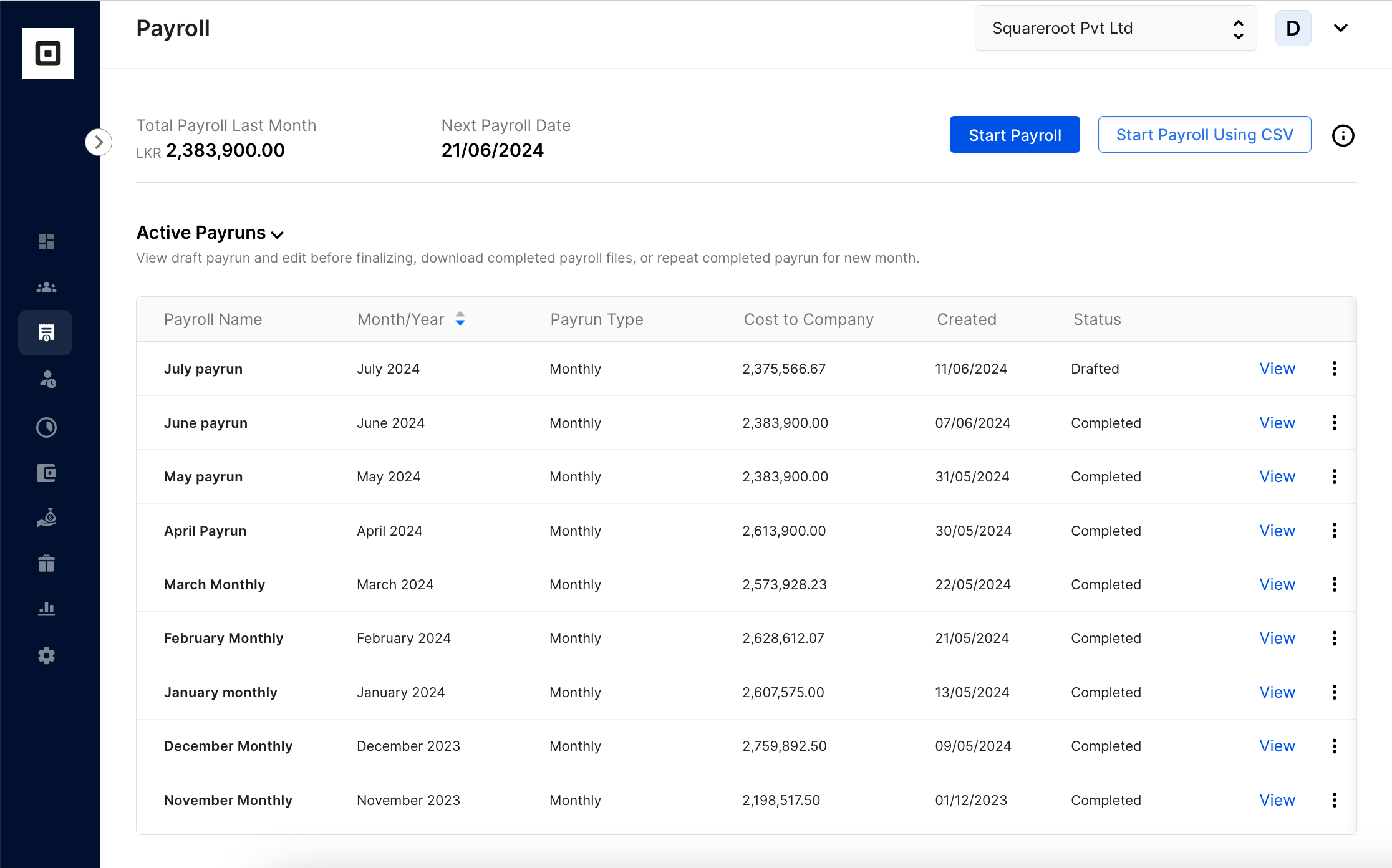 Payrun history table