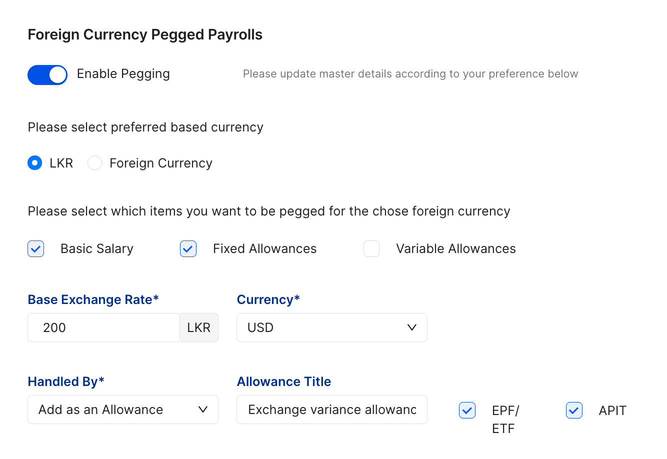 Foreign currency pegged payrolls LKR