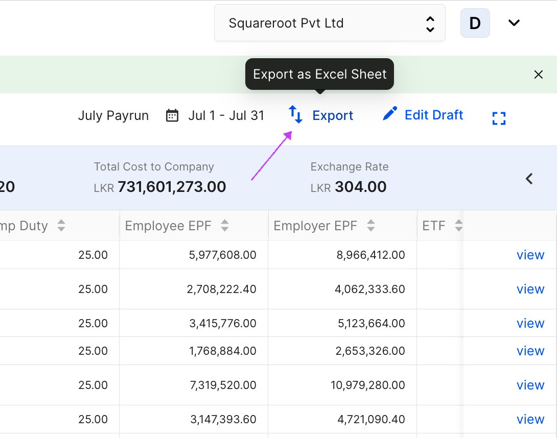 Export draft payrun