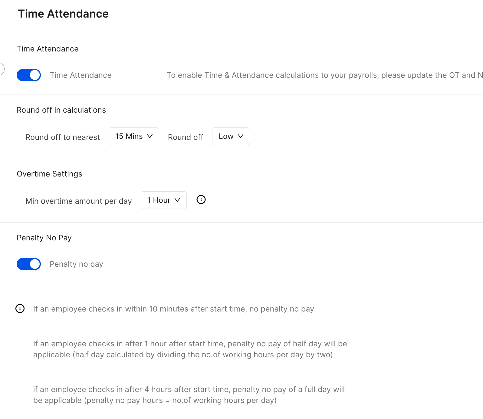 Time attendance settings